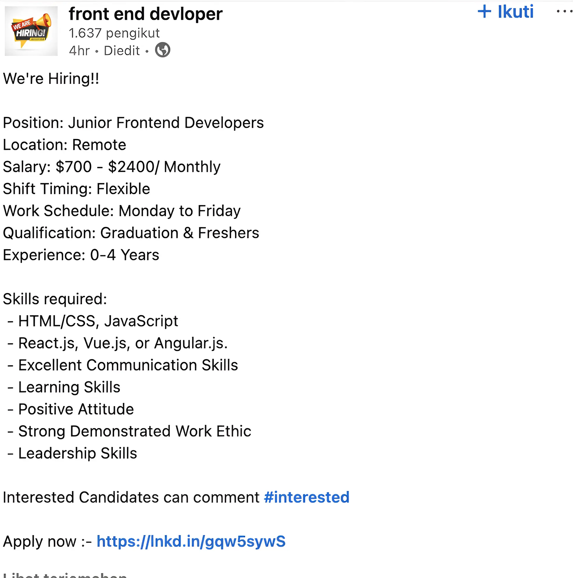 Job Opportunity